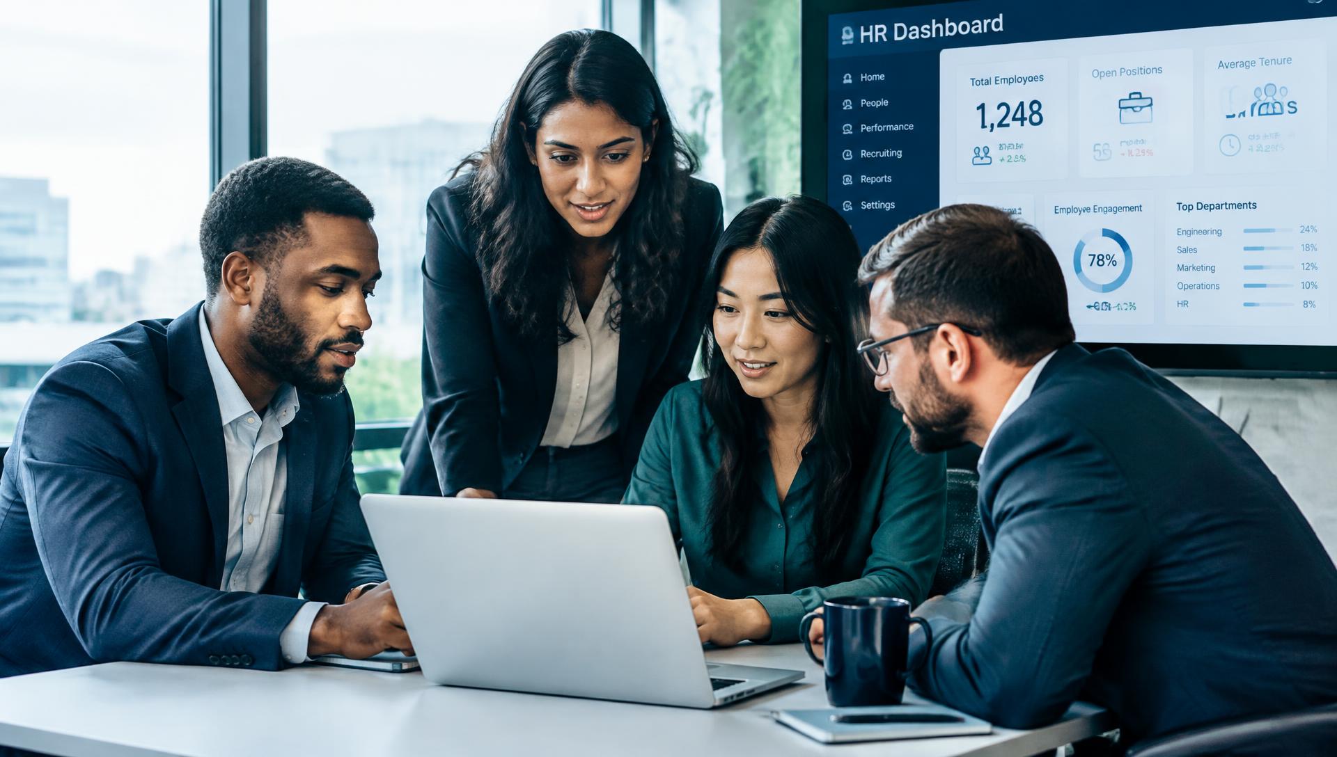 HR technology consultants collaborating around a laptop in a modern office